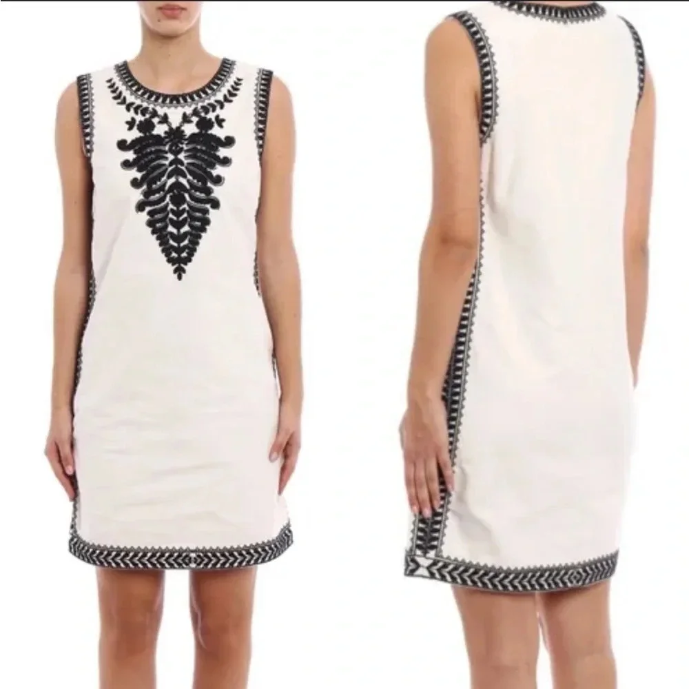 Tory Burch Camille Contrast-Embroidered Shift Dress In White